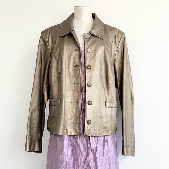 Collection B by Bernardo Metallic Gold Collar Button-Down Leather Jacket Size 1x